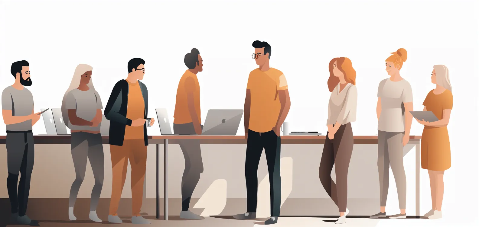 Illustration of a web agency team collaborating around a laptop